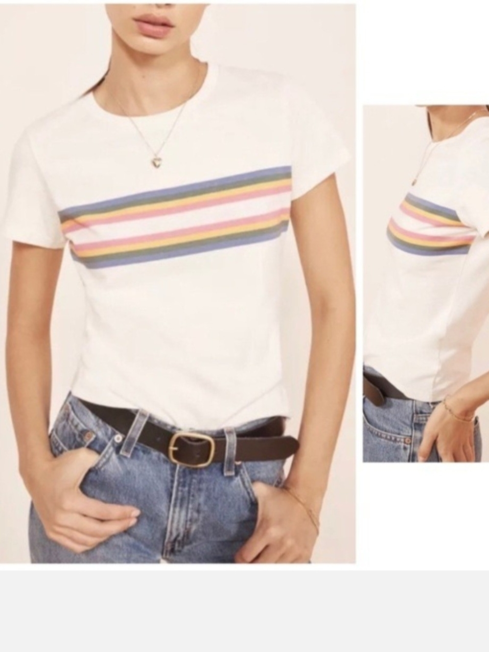 Reformation 70'd Rainbow White Crewneck Tee with Multicolor Chest Stripes